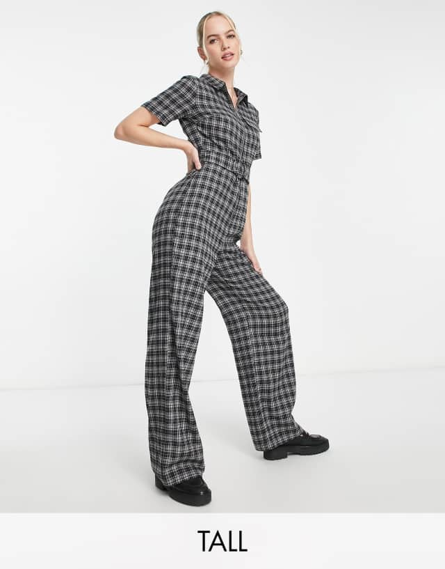 Lola May Tall zip front wide leg jumpsuit in check