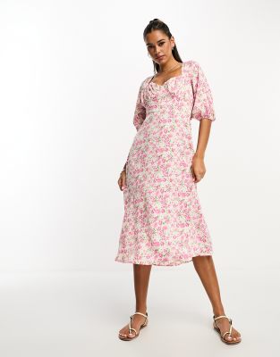 Lola May Lola May tie back puff sleeve midi smock dress in pink floral print