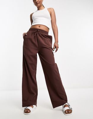 Lola May tie elasticated waist straight leg trousers in chocolate brown