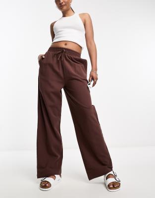 Lola May Lola May tie elasticated waist straight leg trousers in chocolate brown