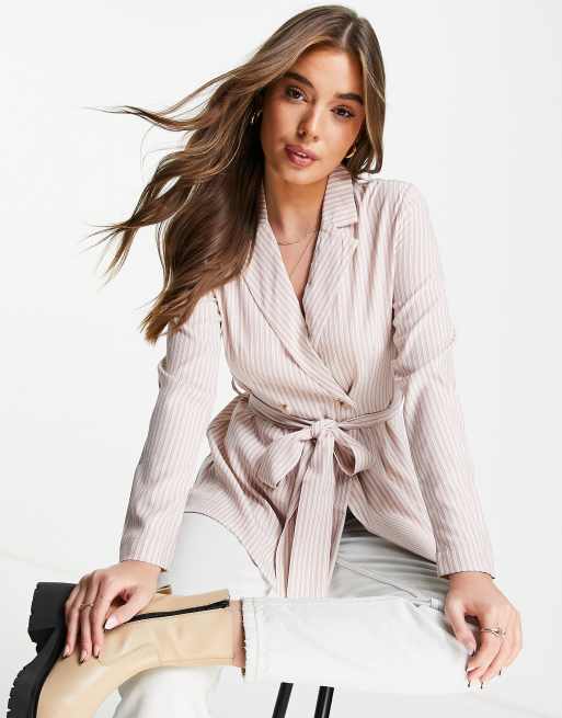 Lola May tie front blazer in beige stripe - part of a set