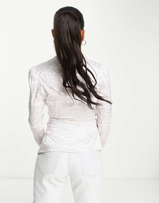 Lola May tie front blouse in leopard jacquard, 3 of 4