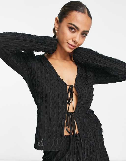 Lola May tie front textured top in black (part of a set)