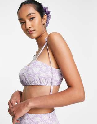 Lola May tie strap bralette top co-ord in floral print-Purple