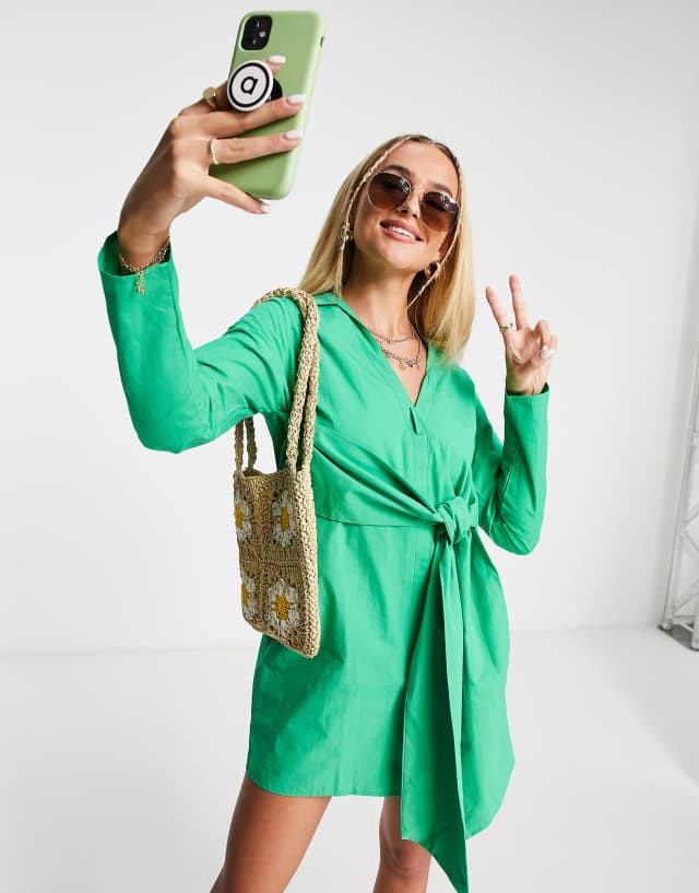 Lola May tie waist shirt dress in green