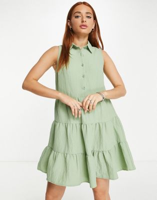 Lola May tiered button front smock dress in sage green - ASOS Price Checker