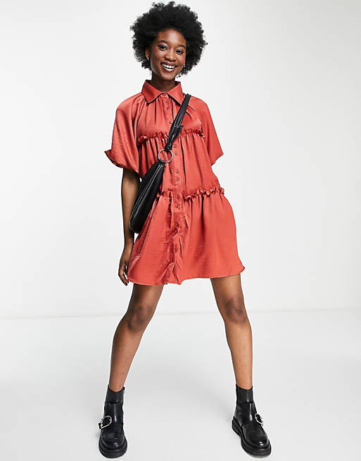 Lola May tiered satin smock dress in rust