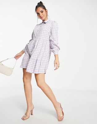 Lola May tiered shirt dress in lilac gingham-Multi