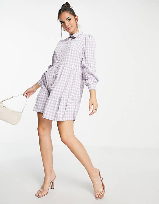 Lola May tiered shirt dress in lilac gingham