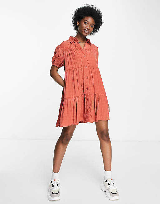 Lola May tiered smock shirt dress in rust