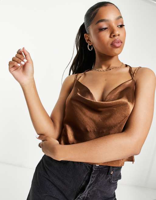 Lola May - Top con scollo ad anello in raso marrone cioccolato