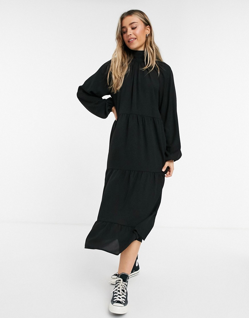 Lola May trapeze maxi dress with ruffle details in black