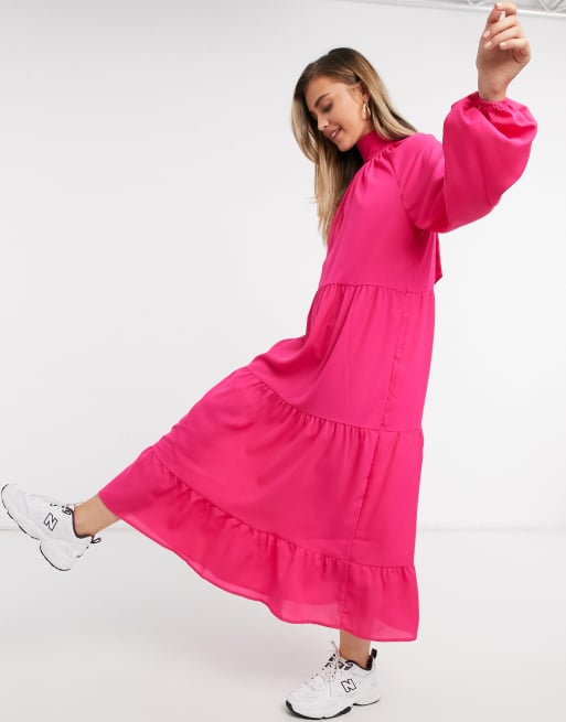 Hot pink maxi dress best sale with sleeves