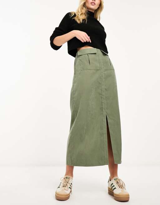 Lola May utility midi skirt with pocket detail in khaki | ASOS