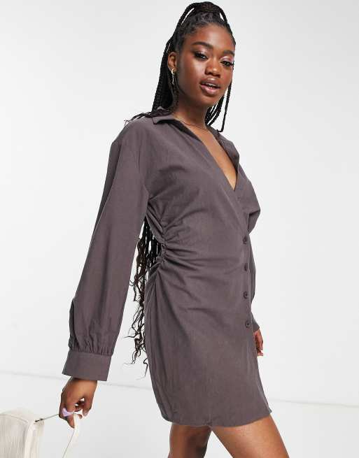 Lola May - Vestito camicia con colletto aperto marrone cioccolato