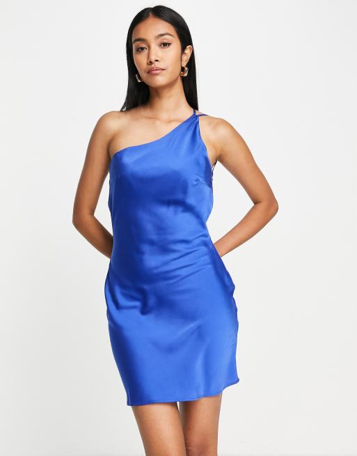 Lola May - Vestito corto blu cobalto in raso con spalline asimmetriche