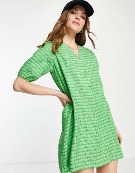 Lola May - Vestito grembiule oversize a quadri verdi con bottoni - view 1