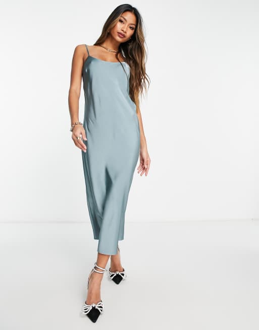 Lola May - Vestito midi in raso blu con scollo ad anello sul retro e spalline sottili