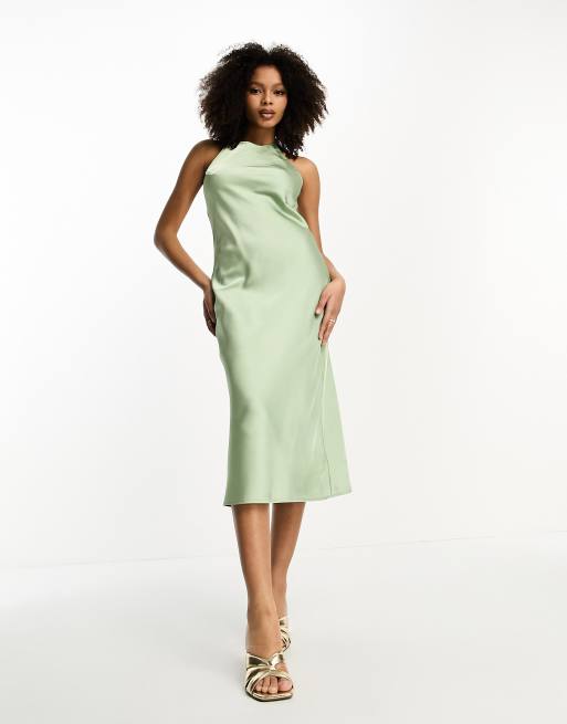 Lola May - Vestito midi in raso verde salvia allacciato al collo 