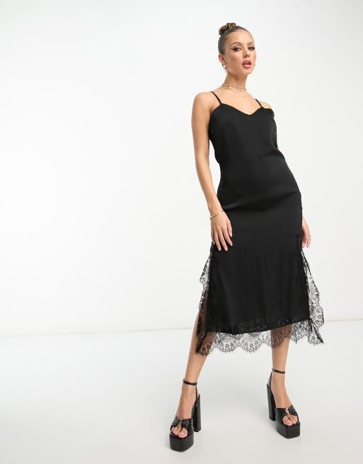 Lola May - Vestito midi nero con spalline sottili e finiture in pizzo
