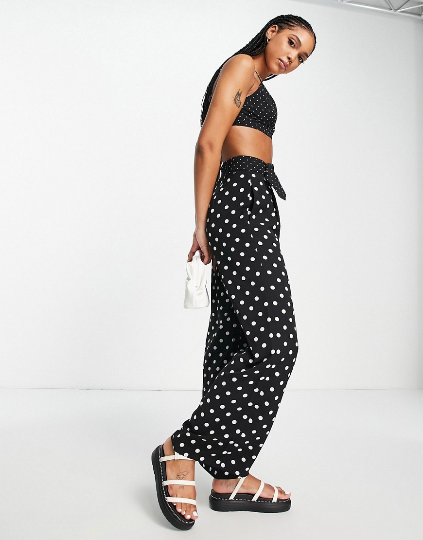 Lola May wide leg belted trousers co-ord in polka dot-Black