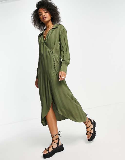 Lola May wrap button down dress in khaki stripe | ASOS