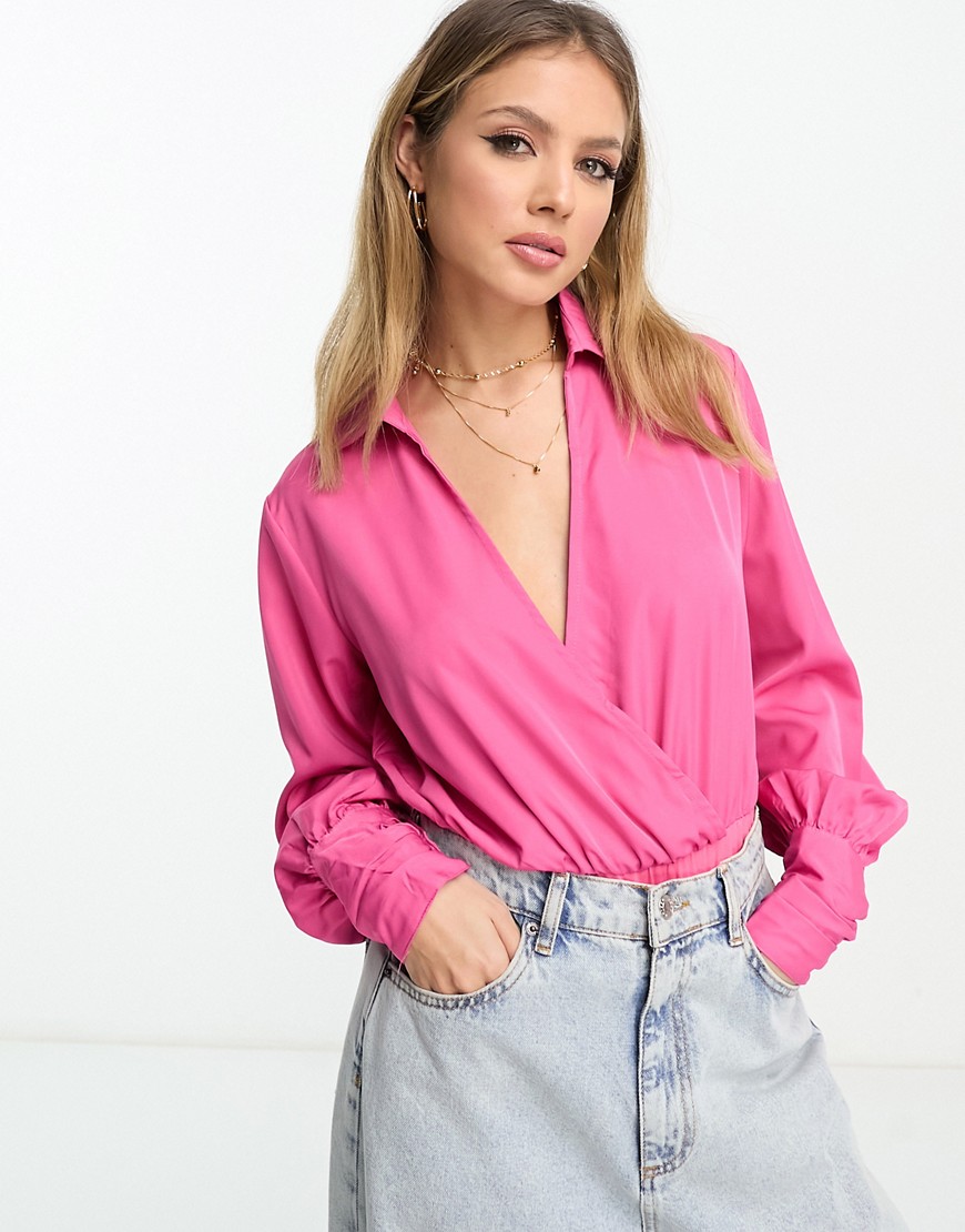 Lola May wrap front collared bodysuit in pink