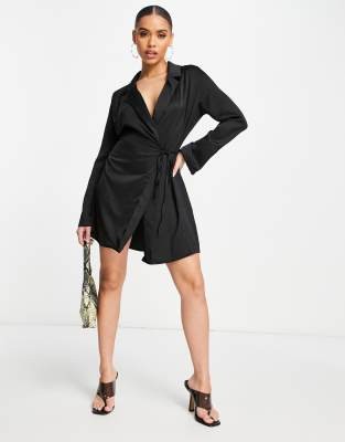 Lola May wrap front satin mini dress in black - ASOS Price Checker