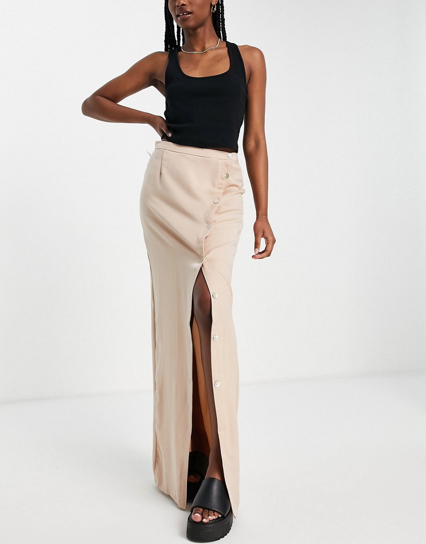 Lola May wrap maxi skirt with buttons in champagne-Neutral