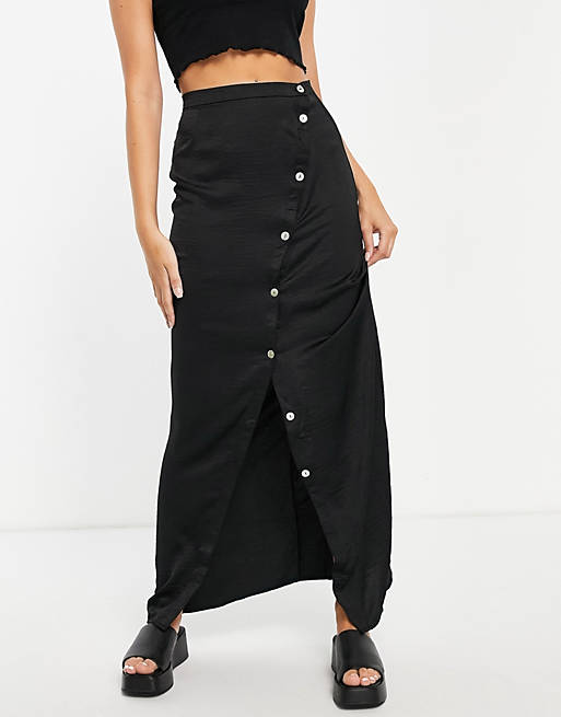 Lola May wrap midi skirt with buttons in black