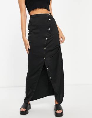 Lola May wrap midi skirt with buttons in black