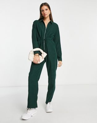 Lola May zip front baby cord boilersuit in forest green