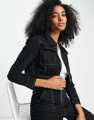Lola May zip through denim shirt co-ord in black with contrast stitch