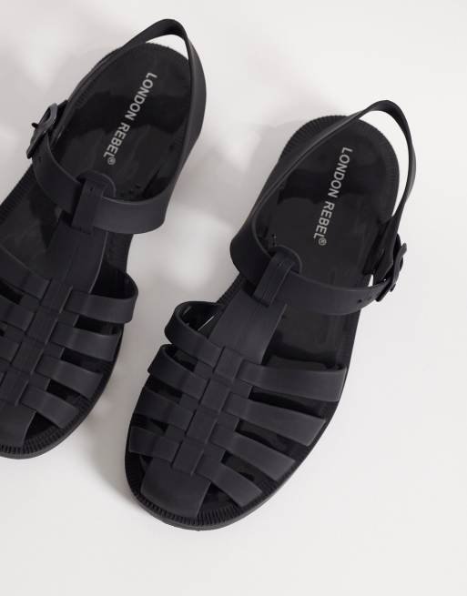 London Rebel Abby caged flat sandals in black matte, 2 of 4