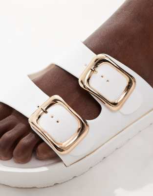 London Rebel Double Buckle Footbed Sandals In White In White