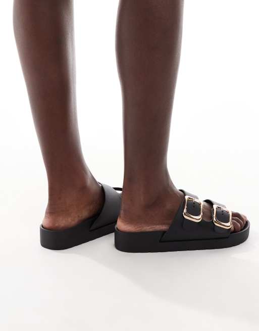 London Rebel Andi Wide Fit buckle sandals in black