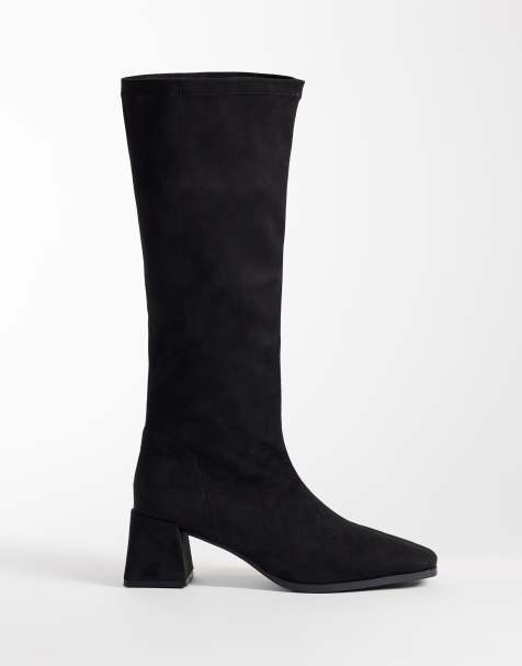 London Rebel Angela bottes hauteur genou en suédine stretch à talon carré noir - view 1