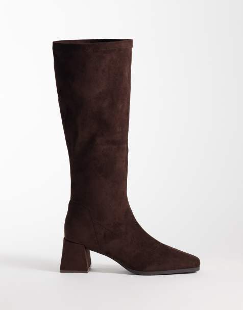 London Rebel Angela faux suede stretch block heeled knee boots in brown - view 1