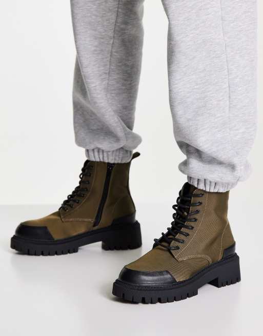 London Rebel – Ankle-Boots zum Schnüren in Khaki mit dicker Sohle und Zehenkappe