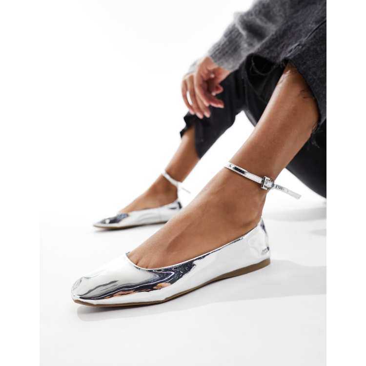 London Rebel ankle strap ballet shoes in silver