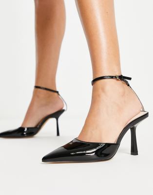 LONDON REBEL ANKLE STRAP POINTED STILETTO HEEL SHOES IN BLACK PATENT