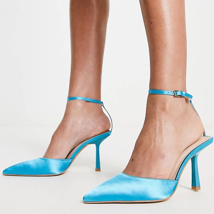 unrelated Energize banjo London Rebel ankle strap pointed stiletto heel shoes in blue satin | ASOS