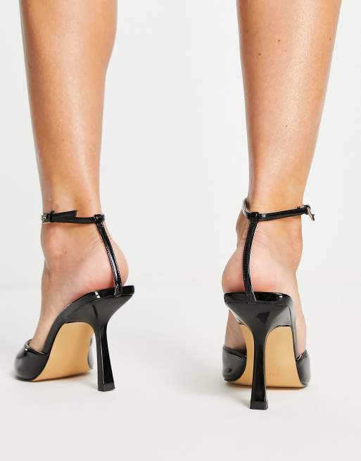 London Rebel ankle strap pointed stiletto heeled shoes in black