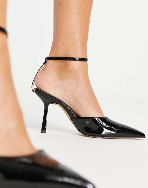 Black patent leather shop heels with ankle strap