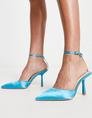 London Rebel ankle strap pointed stiletto heeled shoes in blue satin