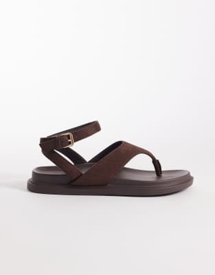 London Rebel Anya Thong Sandals With Ankle Strap And Buckle Detail In Brown