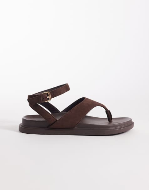London Rebel Anya thong sandals with ankle strap and buckle detail in choc micro - view 1