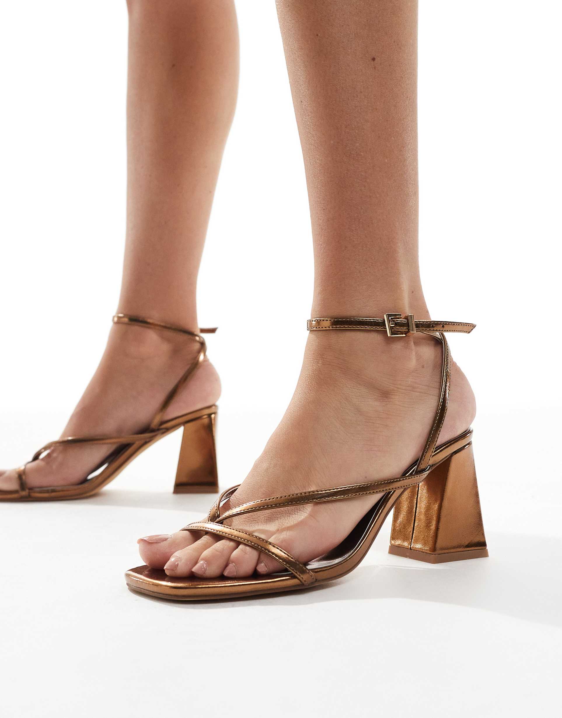 london rebel aria strappy mid block heel sandals in bronze