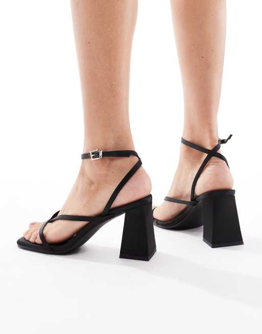 London Rebel Aria strappy mid block heeled sandals in black satin