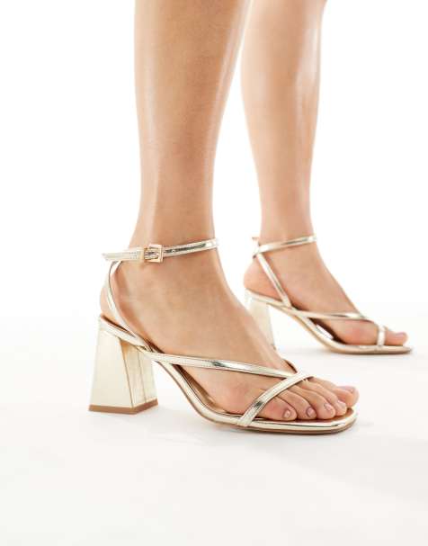 London Rebel Aria strappy mid block heeled sandals in gold - view 1
